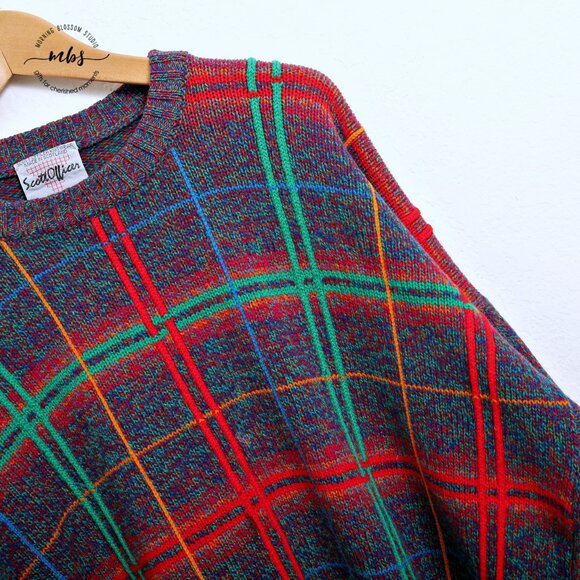 Scott Officer 100% Pure Wool Crew Neck Plaid Sweater - Picture 3 of 10